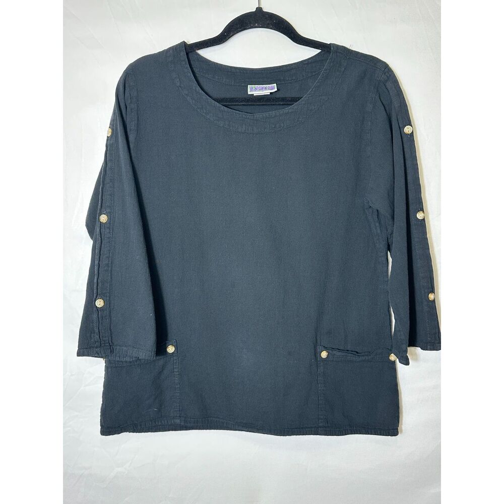 Eucalyptus BOHO Chic Women's Black Tunic Top with Wood Button Accents, Size M